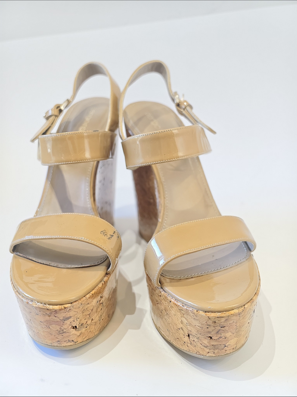 Sergio Rossi glossy nude patent leather wedge platform sandal